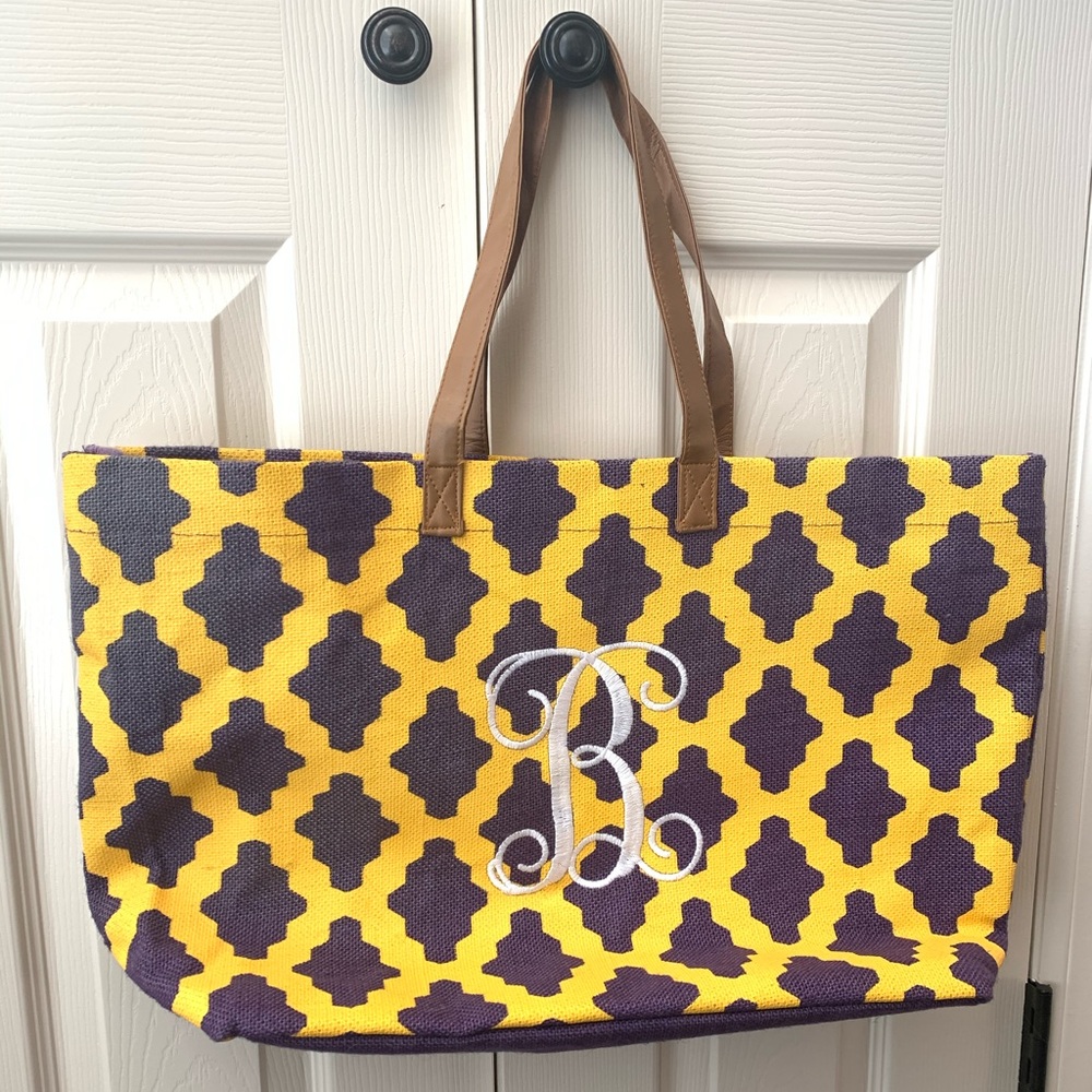 purple + gold monogrammed tote